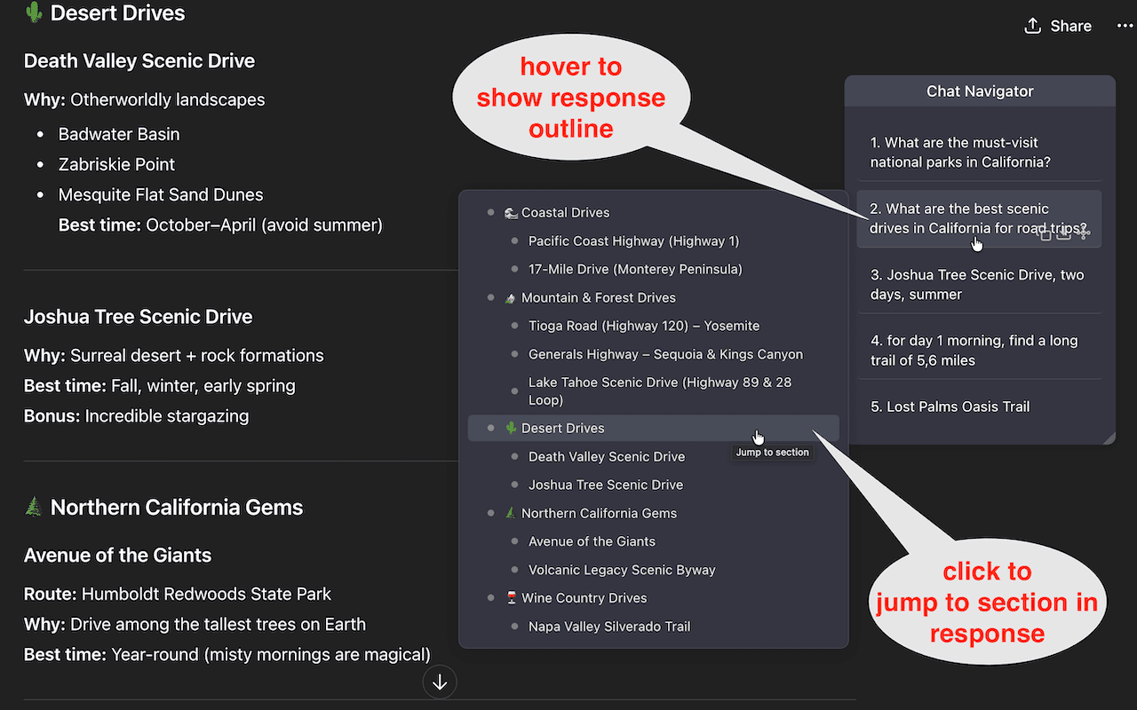 Transition from navigation view to response outline panel