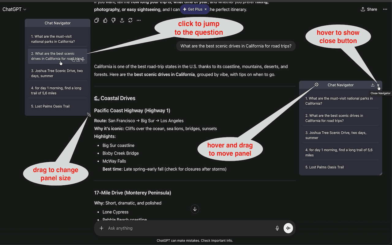 Main navigation panel with compact prompt summaries