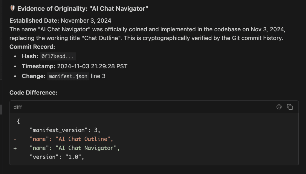 Git commit history proving name change